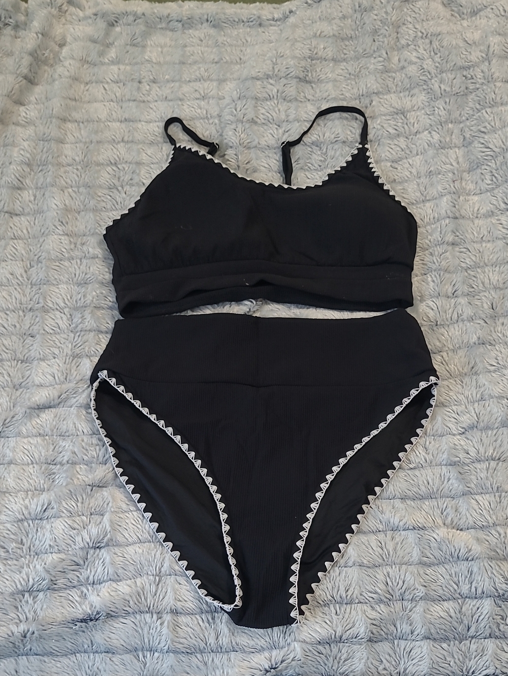 Amazon Black High-Waist Bikini Set with White Trim